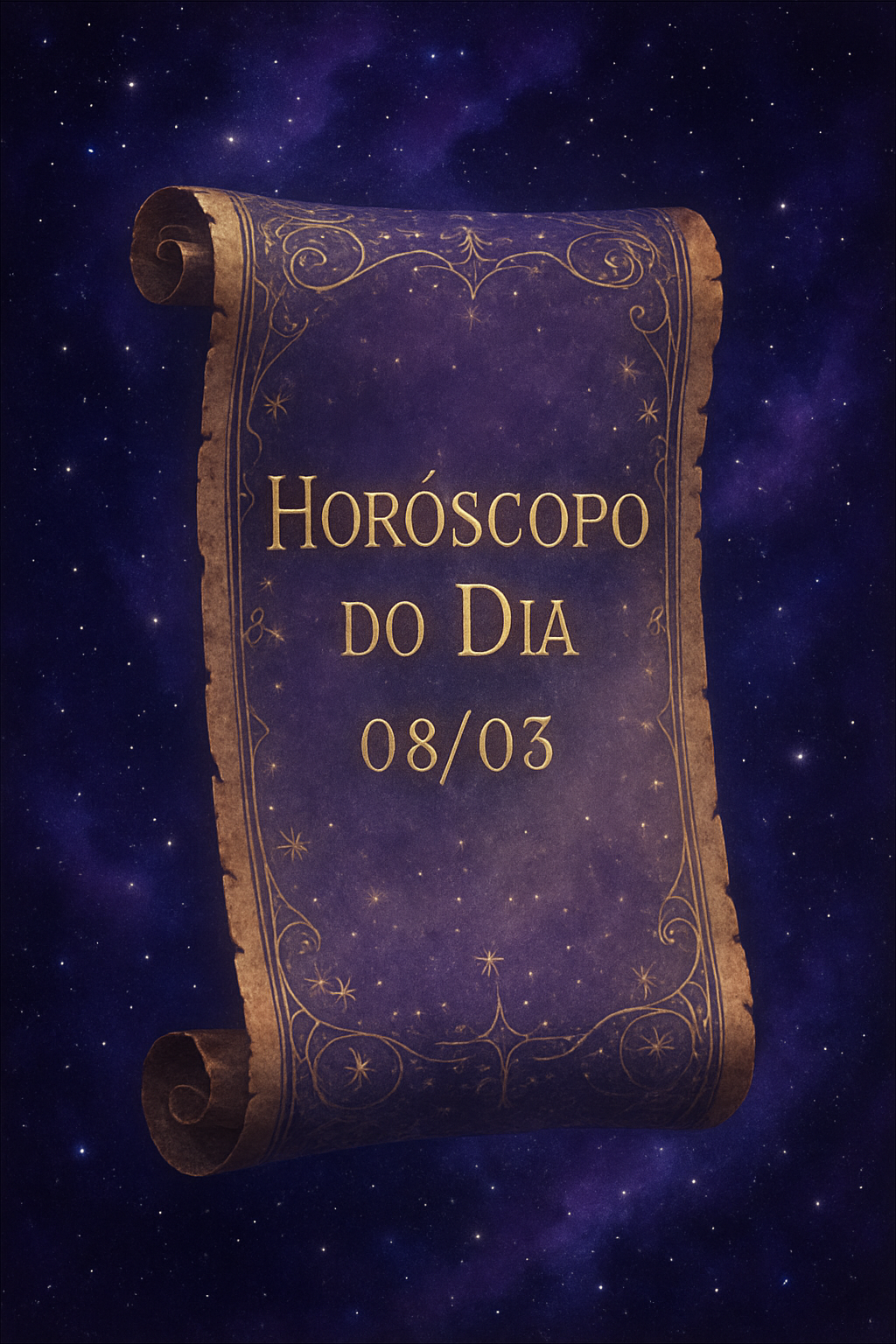 Horóscopo do Dia 08/03 - Imagem mística com tons roxos, azuis e detalhes dourados
