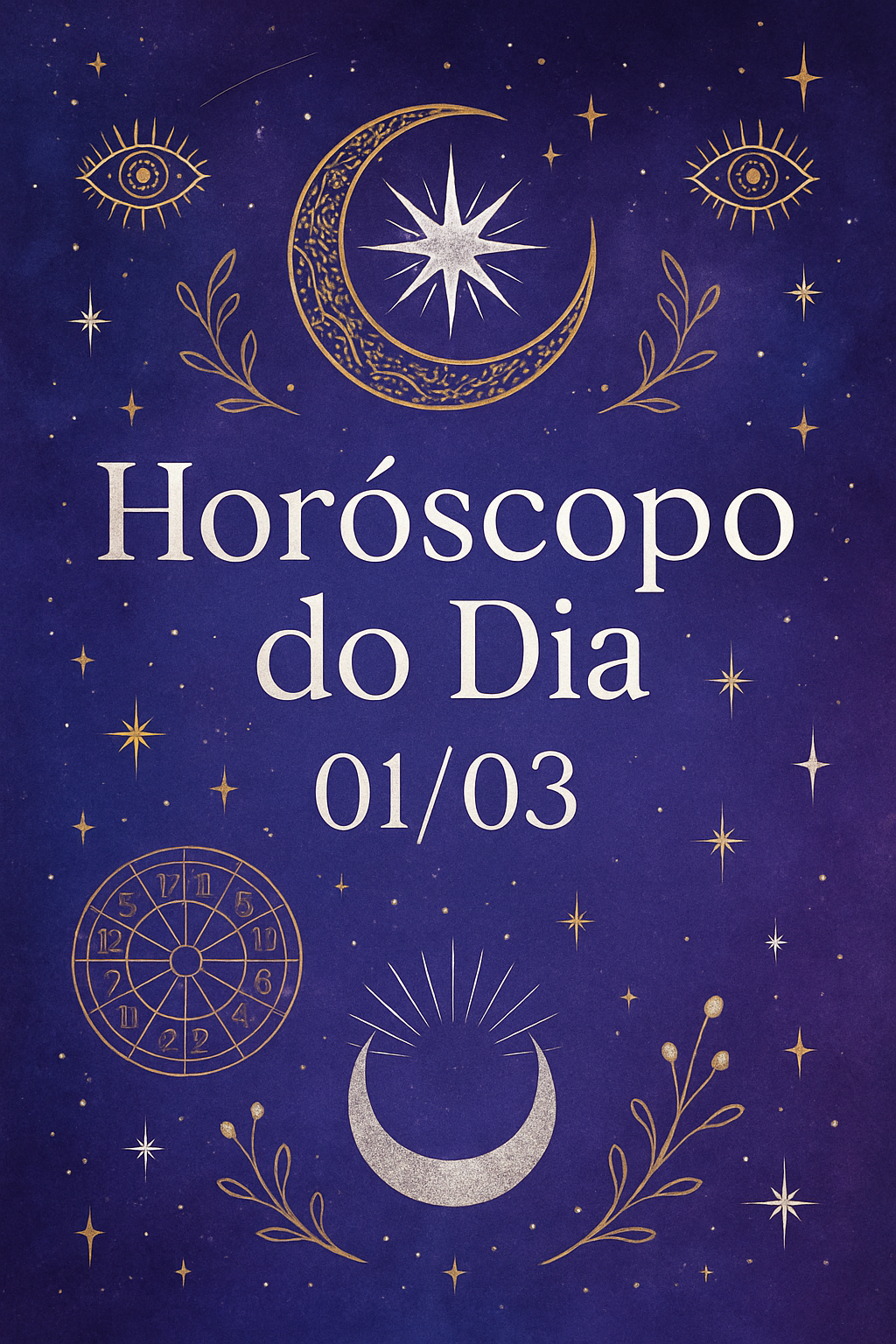 Horóscopo do Dia 01/03 - Imagem mística com tons roxo e azul e detalhes em dourado