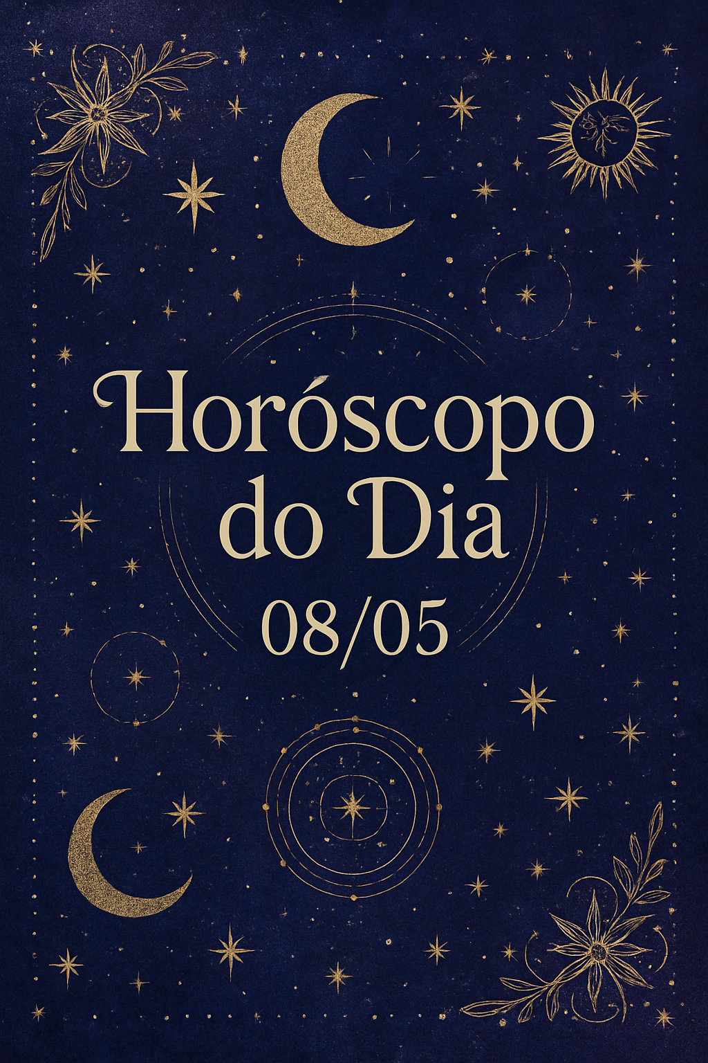 Horóscopo do Dia 08/05 - Estética mística em tons roxos e azuis com detalhes dourados