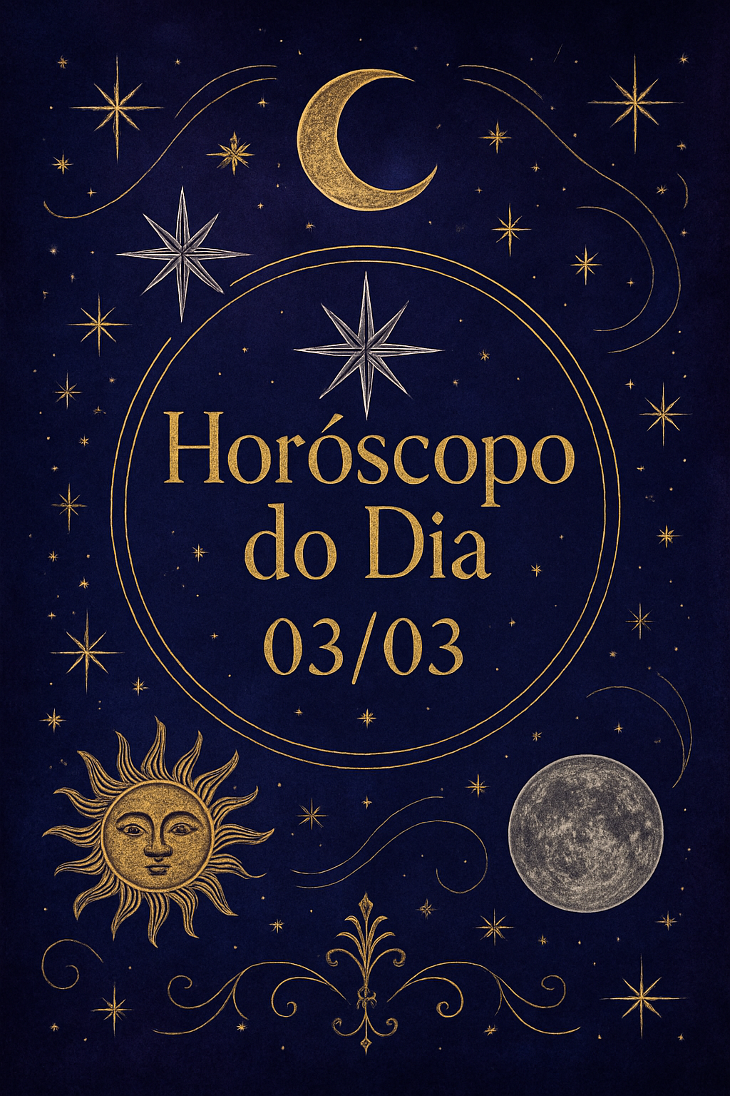 Horóscopo Zen de 03/03: Desvende as Energias Cósmicas do Seu Dia 2 Horóscopo do Dia 03/03 - Estética mística em roxo e azul com detalhes em ouro.