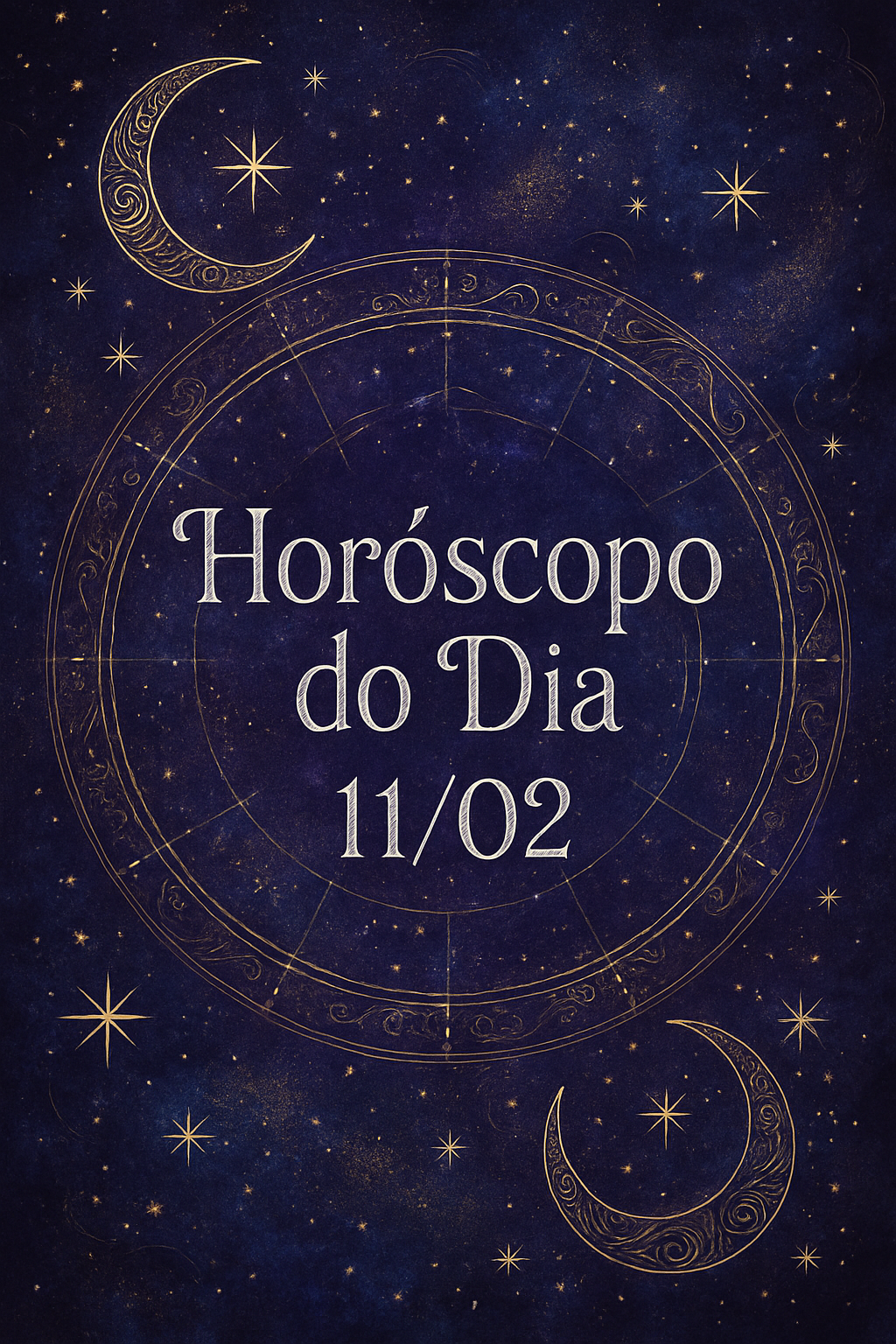 Horóscopo do Dia 11/02 - Estética mística em roxo e azul com detalhes em ouro.