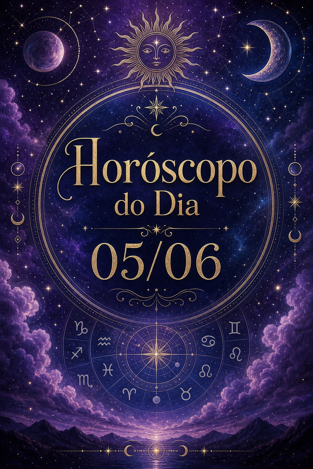 Horóscopo do Dia 05/06 - Estética mística em roxo e azul com detalhes em ouro e prata.