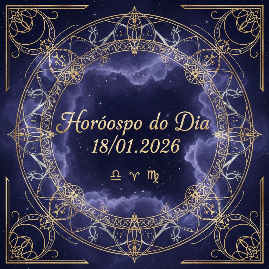 Horóscopo do Dia 18/01/2026 - Estética mística em tons roxo e azul com detalhes em ouro e prata.