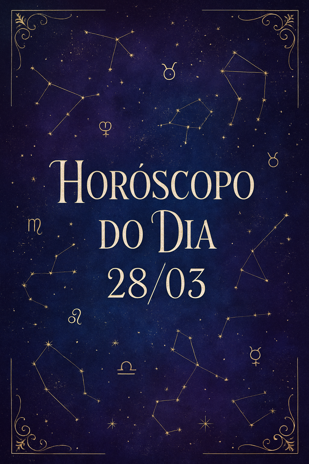 Horóscopo do Dia 28/03 - Estética mística em tons roxo/azul com detalhes em ouro/prata.